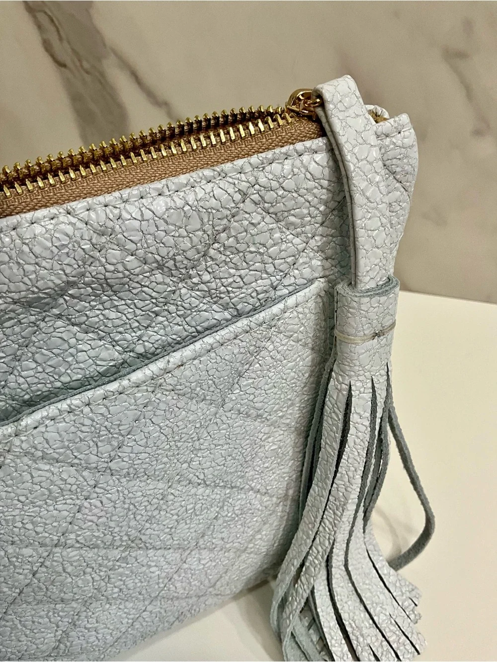 LAGGO Ice White Crackled Metallic Wristlet Clutch Tassel Pouch